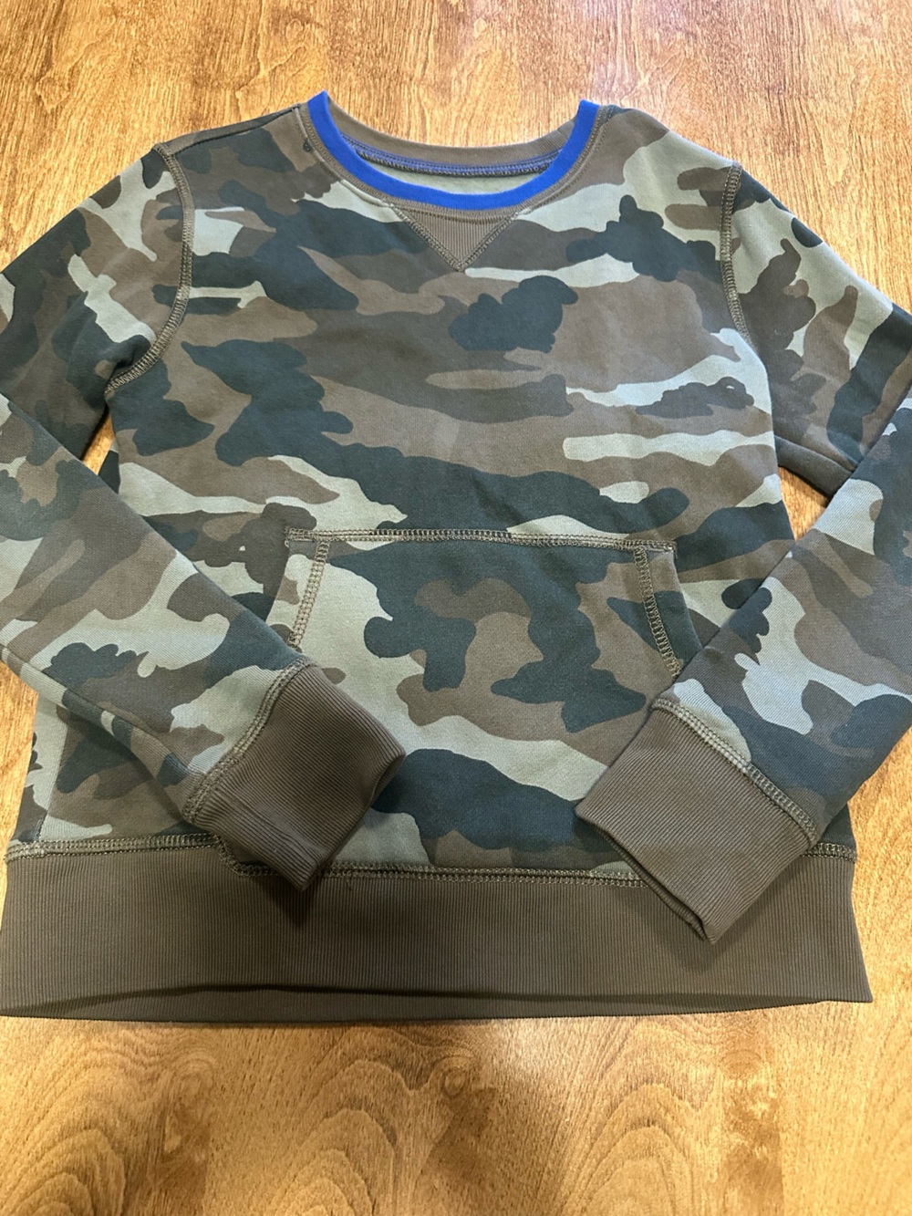 Crewcuts Camo Crewneck Sweatshirt in Green, Brown, Black with Blue Trim